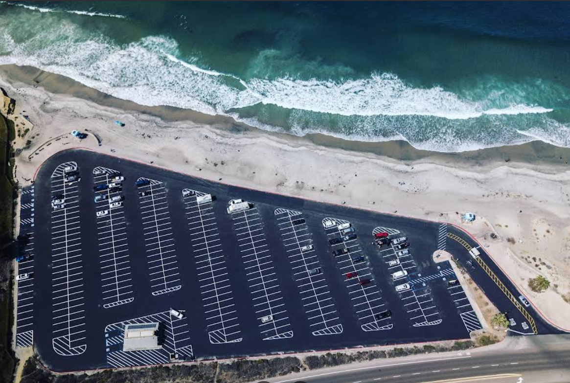 Aerial view of large oceanfront parking lot
